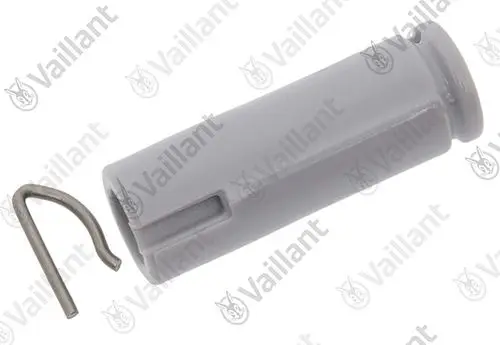 Grauer Vaillant Adapter mit einem U-förmigen Metallclip daneben, auf einem hellen Hintergrund. Der Adapter hat eine seitliche Öffnung für die Befestigung.
